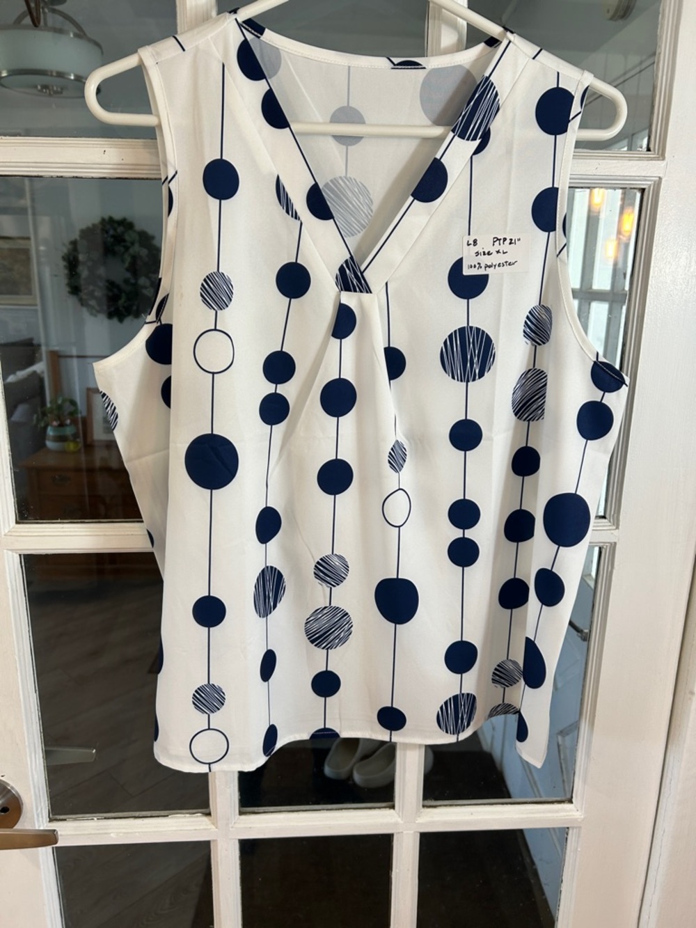 L8. Sleeveless V-Neck Polka Dot Tank Top - Navy on White